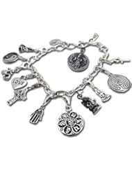 Charm Bracelet with Ganesh, Om, Peace, Buddha, Yin Yang, Love, Celtic Cross, Hamsa, Om Mani Padme Hum, Labyrinth, and Ankh