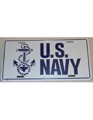 Single Detail Page Misc: United States Navy U.S Navy Vehicle Aluminum License Plate Tag Navy Blue Raised Letters on White Background Displaying Anchor and Rope 6 x 12 Inches with Four Precut Mounting Bolt Slots for the Car... Display Proudly for the USA. Support Our Troops in the Military... - AMISH WARES