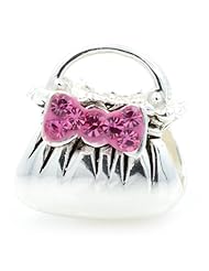 .925 Sterling Silver " Handbag w/ Pink Cubic Zirconia " Charm Bead Compatible with Pandora Chamilia Kay Troll Bracelet