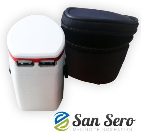 #1 Best Selling WORLD Travel Adaptor ; with Dual X USB Function Port for use with smartphone or tablet devices. Never be stiuck for power anywhere in the world- Supplied in simple White Colour with a Red Border. Includes FREE LEATHER CARRY CASE for extra protection. Works in USA / EUROPE / ASIA or REST OF WORLD. Meets USA 120 Volt and EU 220 Volt standards. CE Rated and sold with a Money Back Guarantee - In STOCK + SHIPS today with Amazon.com --- FREE SHIPPING ON ALL ORDERS OVER $35