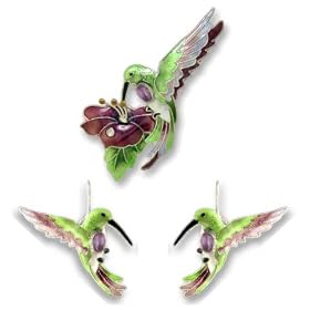 Clearly Charming Amethyst Hummingbird Silver and Enamel Pin and Earring Set by Clearly Charming