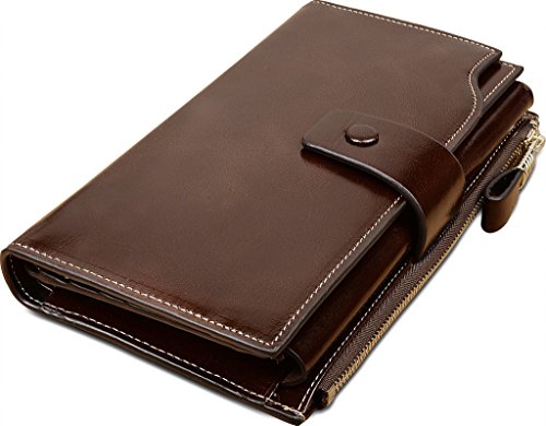 YALUXE Women's Large Capacity Luxury Wax Genuine Leather Wallet With Zipper Pocket Coffee Brown