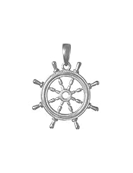 925 Solid Sterling Silver Nautical Necklace Charm Pendant, Ship Wheel Cut-out Center