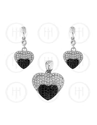 Sterling Silver -Micro Pave Heart Earrings with Black CZ Pendant Set (