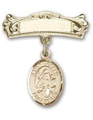 Gold Filled Baby Badge with St. Joseph Charm and Arched Polished Badge Pin