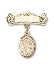 14K Gold Baby Badge with St. Joseph Charm and Arched Polished Badge Pin