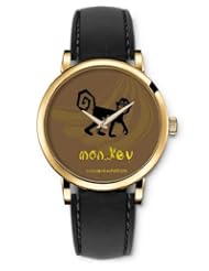 SPRAWL Aanalog Fashion Series Gold Ladies Watches of Genuine Black Leather Strap,Unique Wrist Watch for Women Girls Designed with Cute monkey bananas background