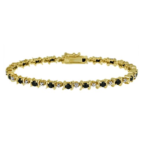 18k Gold Overlay Sterling Silver Genuine Sapphire “S” Bar Tennis Bracelet w/ Diamond-Accent, 7.25″