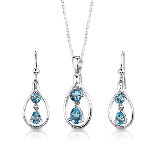 Sterling Silver 3.00 carats total weight Multishape Swiss Blue Topaz Pendant Earrings and 18 inch Necklace Set