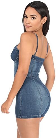 Women's Denim Romper, Blue-Large
