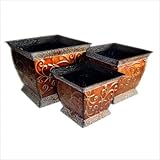 IMAGE OF Three Piece Square Tapered Planter Set with Scroll Work in Bronze