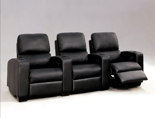 3-Seat Black Leather Match Theater Seating