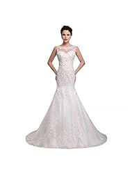 Mermaid Tulle Applique Sheer Beaded Lace Jeweled Wedding Dress  with a Chapel Train 