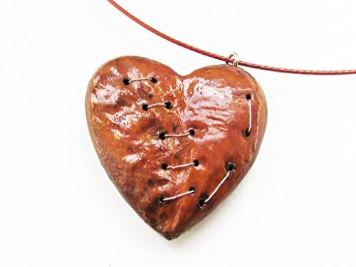 1 wooden broken stitched heart mended love handmade necklace big ornament charm pendant B2