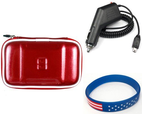 Garmin Nuvi 750 Nylon/ EVA Carrying Case (Red) + Premium Car Charger + Free Stars Stripes Silicone Wristband