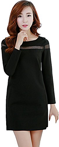 ワンピース Aライン メッシュ シンプル ブラック ラウンドネック デート カジュアル キュート エレガンス レディース 春物 冬物 可愛いスカーフ付き R585