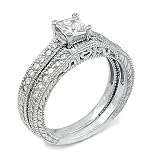 (A3RSZ9066) A Majestic Silver Wedding Ring Set Fit for a Princess, Two-Piece Engagement Set with Princess-Cut Cubic Zirconia Center Stone, 1.50 Total Carat Weight, Made with Authentic .925 Sterling Silver and Top Quality CZ, Ring Size -