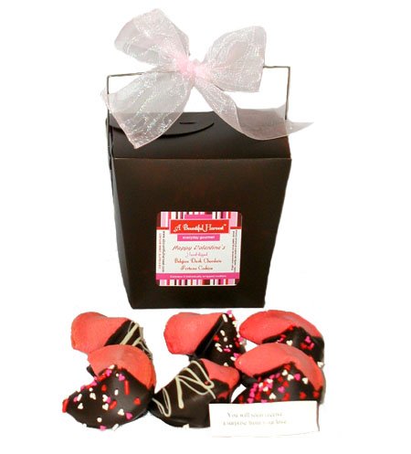Dark Belgian Chocolate Dipped Valentines Fortune Cookies In Brown Container by A Bountiful Harvest