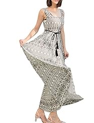 Two-Toned Colorblocking Belted Cotton/Polyester Round Neck Elasticized   Waistline Sleeveless Maxi Dress 