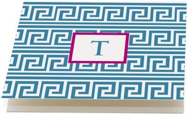 Blue and Hot Pink 'Greek' Folded Note Cards, Set of 12 Monogrammed 'T' with envelopes