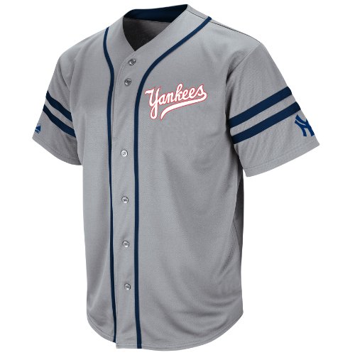 MLB New York Yankees 1951-52 Cooperstown Adult Short Sleeve Synthetic Button Front Jersey (Stone Gray/Athletic Navy, X-Large)