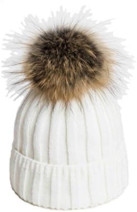 Womens Girls Winter Fur Hat Real Large Raccoon Fur Pom Pom Beanie Winter Hats (Ivory-white)