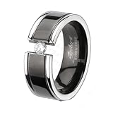 8MM High Polished Black Titanium Ring with Silver Edges and one CZ