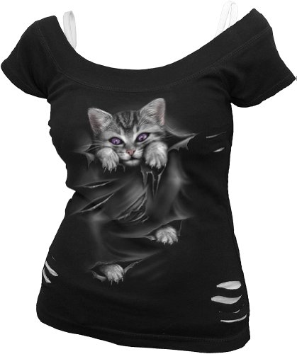 Spiral - Womens - BRIGHT EYES - 2in1 White Ripped Top Black