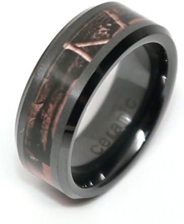 Ceramic Wedding Band Ring 8MM Forest Floor Foliage Camo Inlay Beveled Edge Comfort Fit Mens Wedding Band Ring Size15
