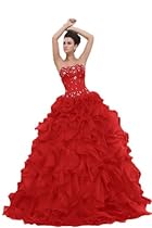 Hot Sale Sunvary Cascades Strapless Ball Gown Ruffle with Beads Organza Evening Party Dresses Bridesmaid Dresses Long - US Size 8- Red