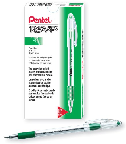 Pentel R.S.V.P. Ballpoint Pen, 0.7mm Fine Tip, Green Ink, Box of 12 (BK90-D)