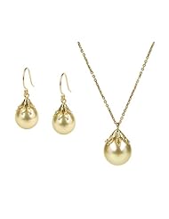 Champagne South Sea Pearl Filigree Set, 14K Yellow Gold Earrings and Pendant