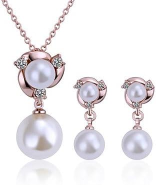 JEW JEWLY Fashion Tin Alloy Rose Gold Plated Ivory Double Pearl Jewelry Set