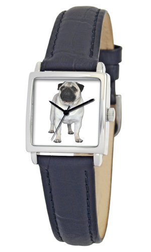 American Kennel Club Women's D1778S010 Pug Silver-Tone Black Leather Watch