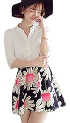 V-neck Chiffon Floral Print Lace  Stretchy Mini Dress  With Ruffles