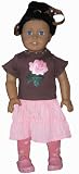 Pink Skirt, Brown Tee with Embroidered Pink Rose and Rhinestones, Pink Floral Tights, Pink Garden Clogs, Fits 18