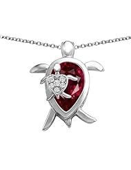 Original Star K (tm) Large Mother and Baby Turtle family Pendant with 12x8mm Pear Shape Created Ruby in 925 Sterling Silver