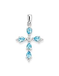 Sterling Silver Rhodium Pear Swiss Blue Topaz Cross Pendant
