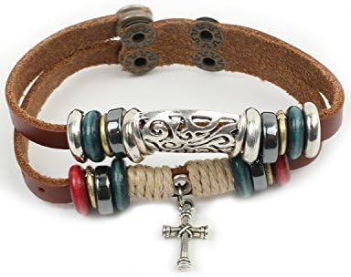 Unicoop Mens Christian Cross Zen And Color Bead Leather Bracelet Adjustable ORANGE (ONESIZE)