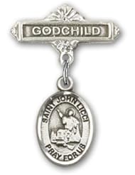 Sterling Silver Baby Badge with St. John Licci Charm and Godchild Badge Pin