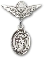 Sterling Silver Baby Badge with St. Aedan of Ferns Charm and Angel with Wings Badge Pin