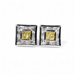 Men's Sterling Silver Earrings with Yellow Topaz and Clear CZ - Square - 12 x 12 mm