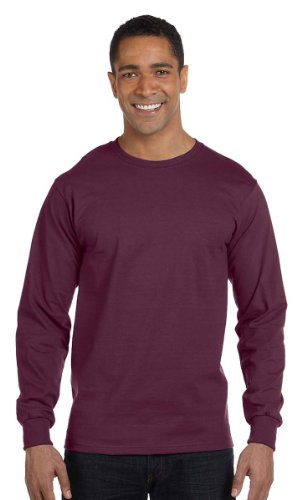 Hanes Men's Long-Sleeve Crewneck Beefy T-Shirt, MAROON, Large
