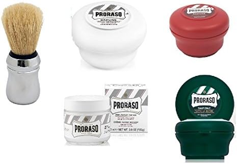Pro'raso Shave Soap, Sensitive 150 ml + Shave Soap, Sandalwood 150 ml + shaving soap menthol and eucalyptus 4oz + Professonal Shaving Brush + Pre Shaving Cream w/ Green Tea &amp; Oatmeal 100 ml