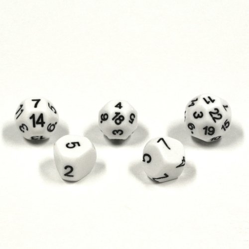 Set of Unusual Dice: d5, d7, d14, d18, and d22 in White