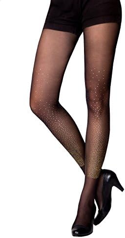 Stern Tights Starry Night Printed Patterned Sheer Black &amp; Gold Tights Stockings - Size L-XL