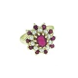 14K Yellow Gold Ladies Vibrant Ruby & Pearl Cluster Ring - Finger Sizes 5 to 12 Available