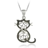 Sterling Silver Black Diamond Accent Filigree Cat Pendant