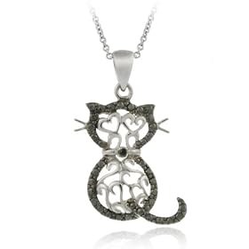 Sterling Silver Black Diamond Accent Filigree Cat Pendant