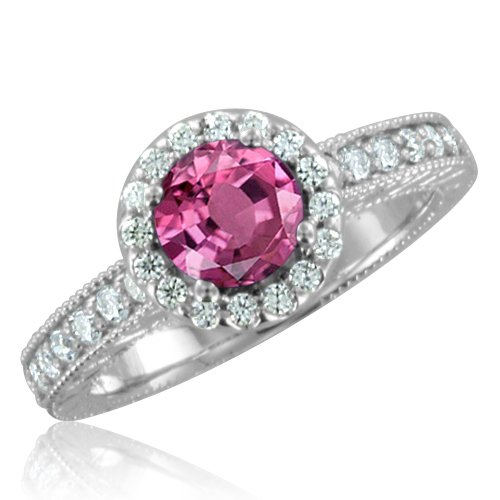 Vintage Inspired Natural Pink Sapphire Diamond Engagement Ring 14k White Gold Halo Ring (G, SI1, 1.45 cttw), 6mm, Certificate of Authenticity
